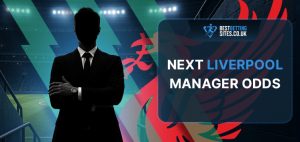 A graphic for BestBettingSites.co.uk featuring the text "Next Liverpool Manager Odds." The image shows a silhouette of a man in a suit with his arms crossed, standing in a football stadium under bright floodlights. The background includes elements of the Liverpool F.C. crest, such as the stylised liver bird. The text is prominently displayed in a blue and white box on the right side of the image, with the "Liverpool" text highlighted in red. The overall design conveys a sense of anticipation and speculation regarding the next manager of Liverpool F.C.