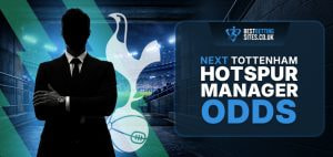 Next Tottenham Hotspur manager odds graphic featuring a silhouetted manager figure in front of a Spurs-themed stadium backdrop with BestBettingSites.co.uk branding.